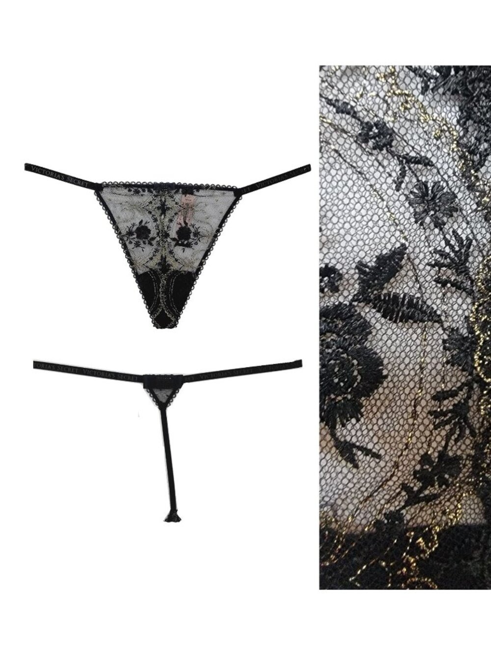 ⭐Victoria's Secret Sz L Very Sexy Rose And Bows V-String Thong Panty Black gold